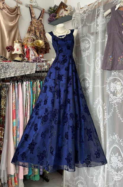 Vintage A Line Straps Print Floral Chiffon Navy Blue Satin Prom Dress SH5516