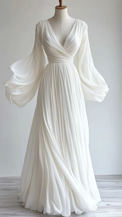 Modest White V Neck A-Line Chiffon Vintage Long Evening Party Dresses, D867
