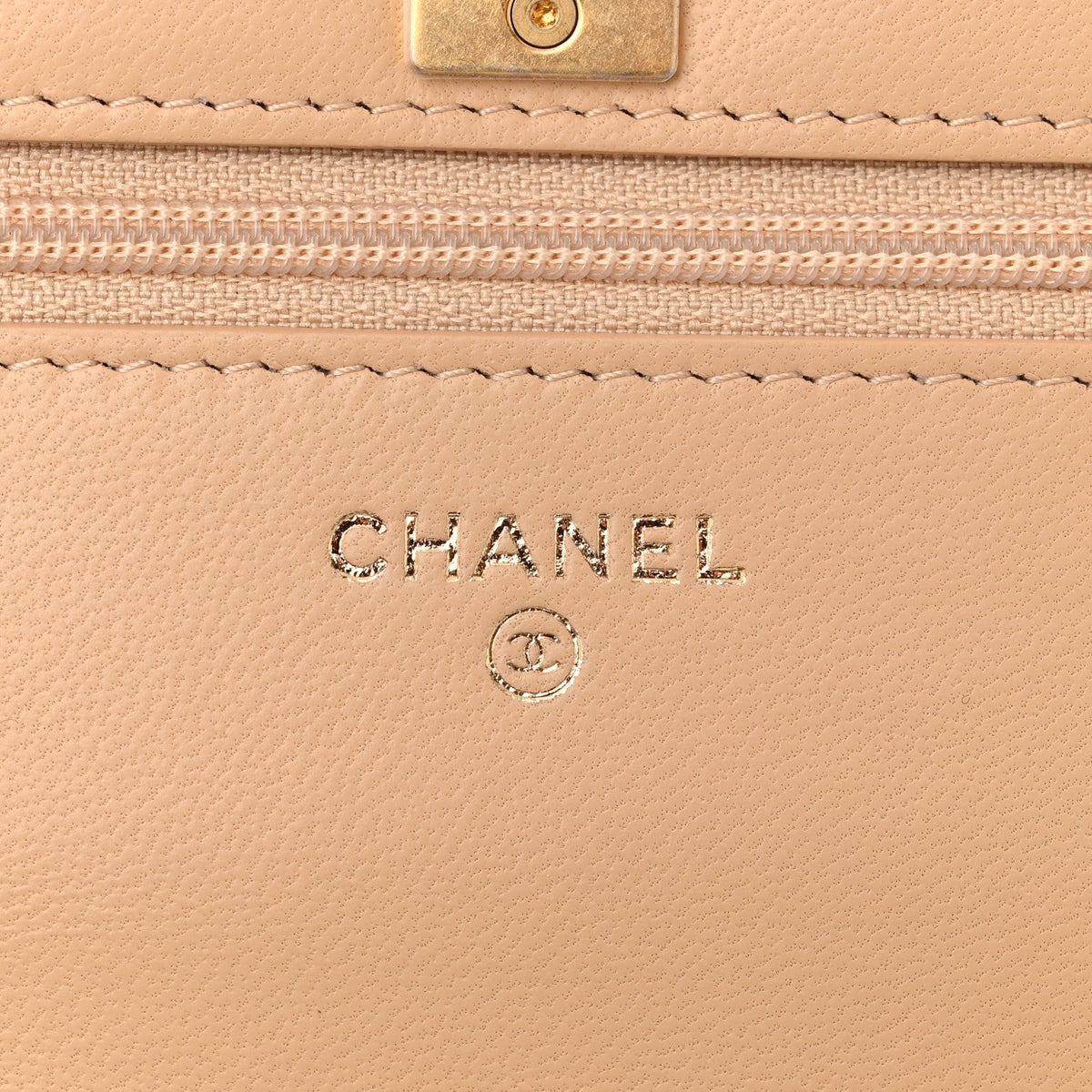 Lambskin Quilted CC Pearl Crush Wallet on Chain WOC Beige