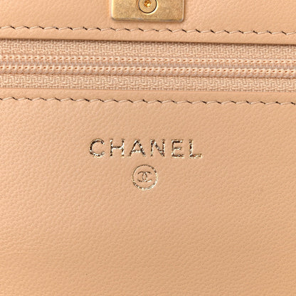 Lambskin Quilted CC Pearl Crush Wallet on Chain WOC Beige