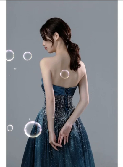 Navy Blue Strapless A-Line Beading Satin long Formal Party Dress MD7474