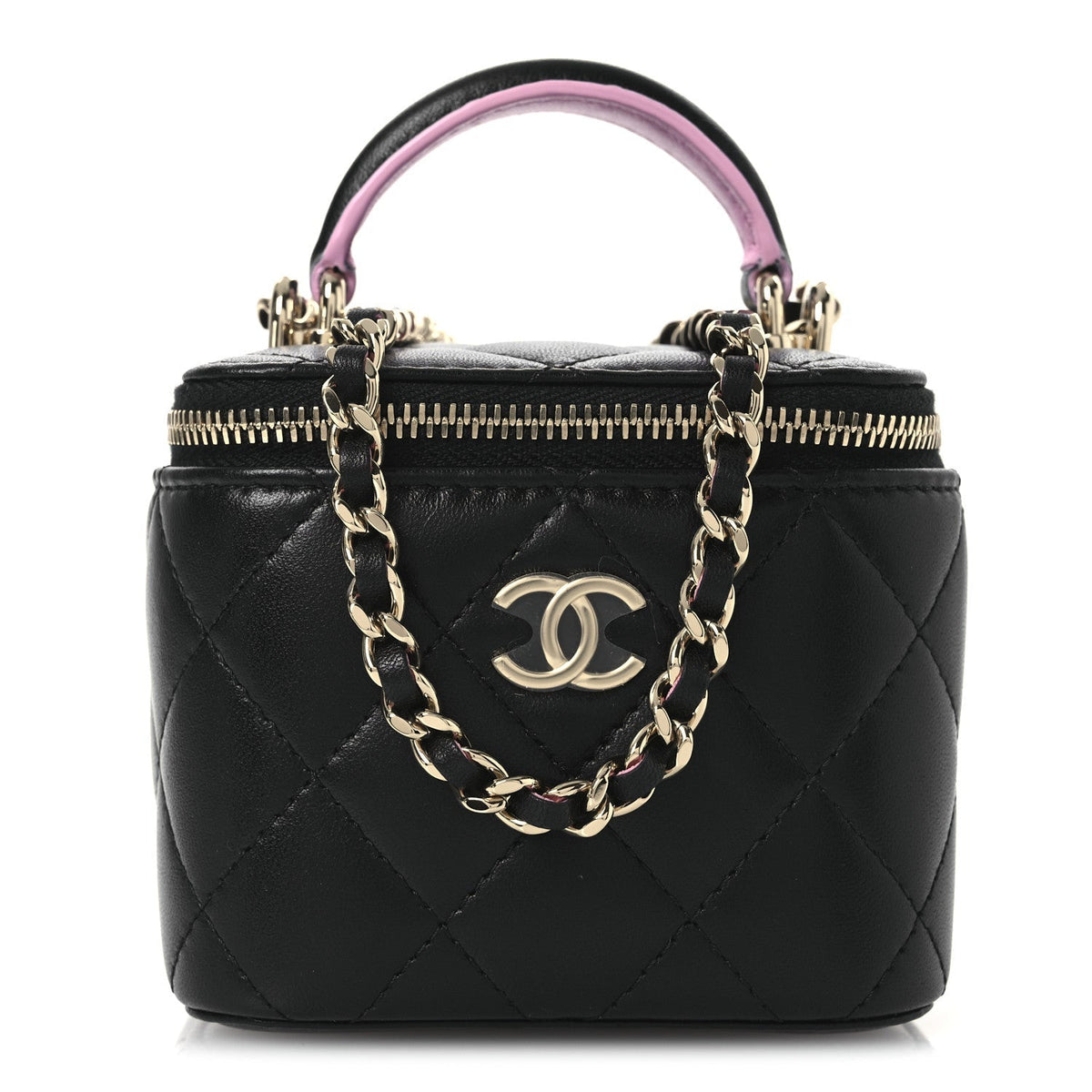 Lambskin Quilted Top Handle Mini Vanity Case With Chain Black Pink