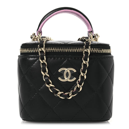 Lambskin Quilted Top Handle Mini Vanity Case With Chain Black Pink
