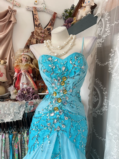Vintage Blue Mermaid Sweetheart Neck Beaded Chiffon Satin Long Prom Dress SH5242