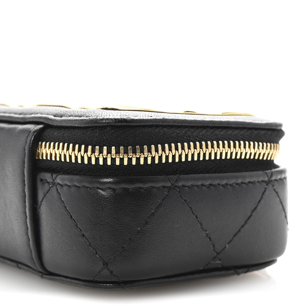 Lambskin Metal Quilted Extra Mini Vanity Case With Chain Black Gold