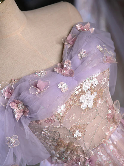 Vintage Light Purple Applique Floral Beaded Off-the-shoulder Design A-line Tulle Party Dress Homecoming Dress D1542