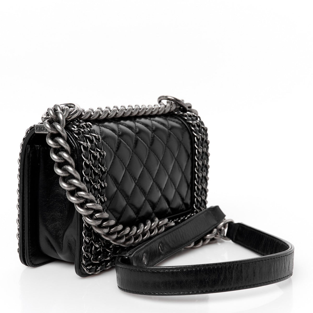 Glazed Calfskin Quilted Small Boy Chained Flap Black