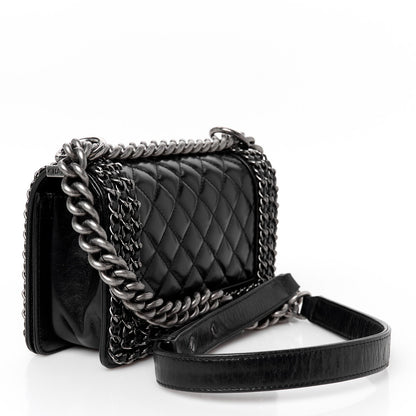 Glazed Calfskin Quilted Small Boy Chained Flap Black
