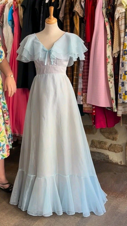 Light Blue A-Line Chiffon Ruffles Long Party Dress Retro Birthday Dress, D770