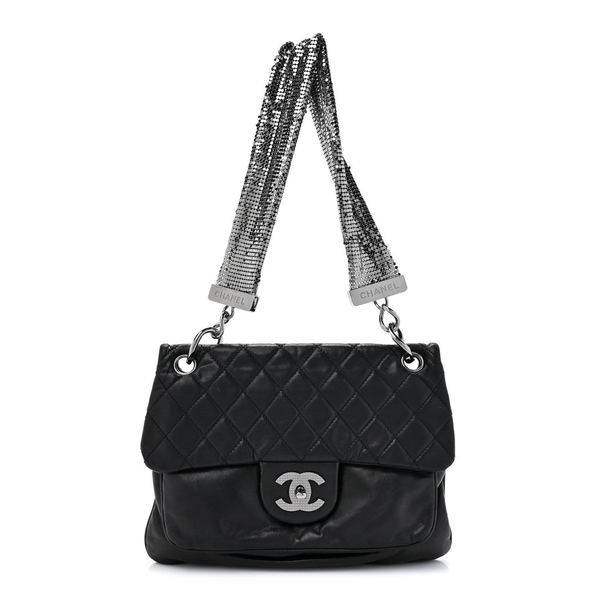 Lambskin Quilted Chain Mail Shoulder Bag Black