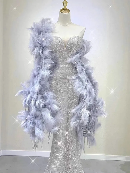 Stunning Silver Sweetheart Sequins Mermaid Long Formal Party Dress MD7400