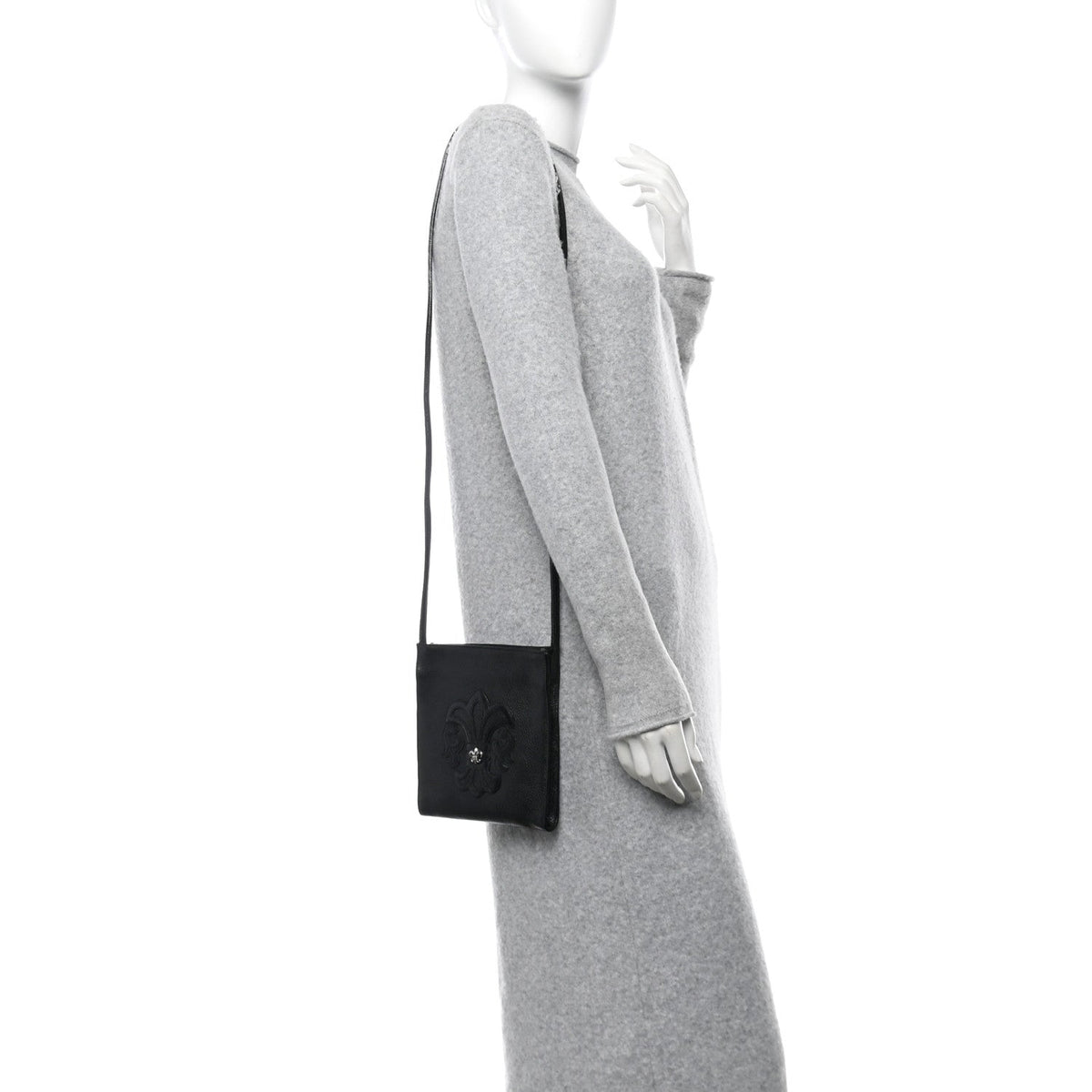 Grained Calfskin Fleur De Lis Square Pocket Crossbody Black