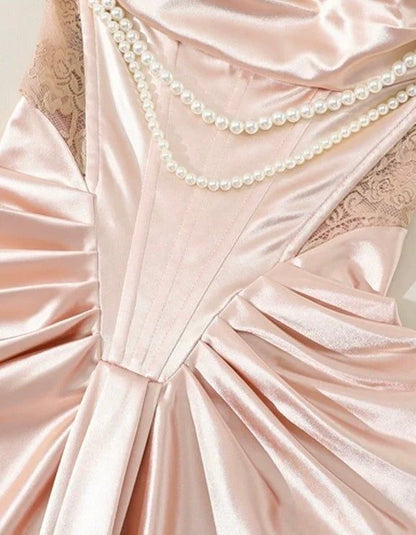 Stunning Sheath Off the Shoulder Pearl Pink Lace Satin Prom Dress Wedding Guest Dress SH4221