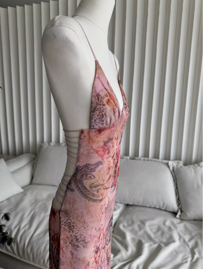 Sweet Spaghetti Strap V-neck Backless Design Floral Print A-line Women Party Dress, D1399