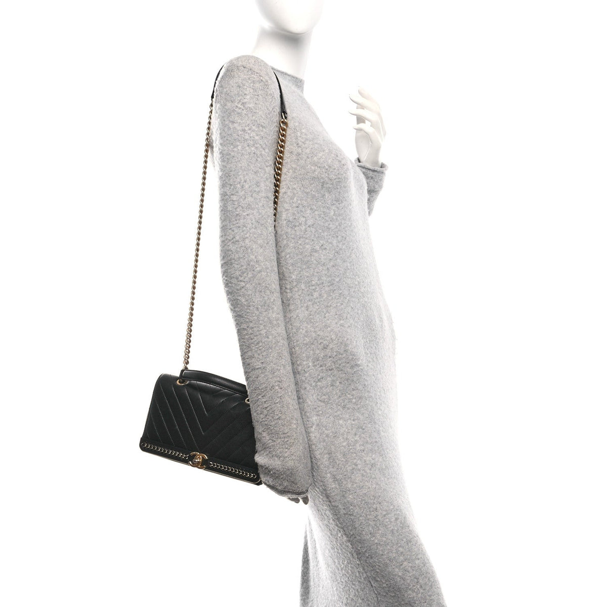 Sheepskin Chevron Stitched Chain Top Handle Flap Black