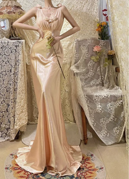 Sweet Pink 3D Rose A Line V Neck Satin Long Prom Dress Date Dress SH3931