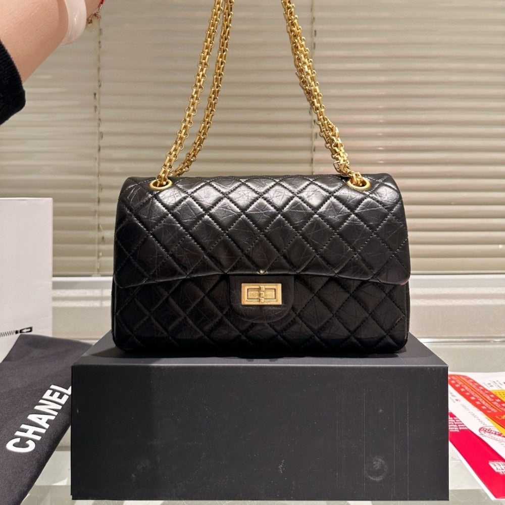 CHANEL 2.55 HANDBAG GOLD TONE METAL BLACK 24CM A37586 Y04634 C3906