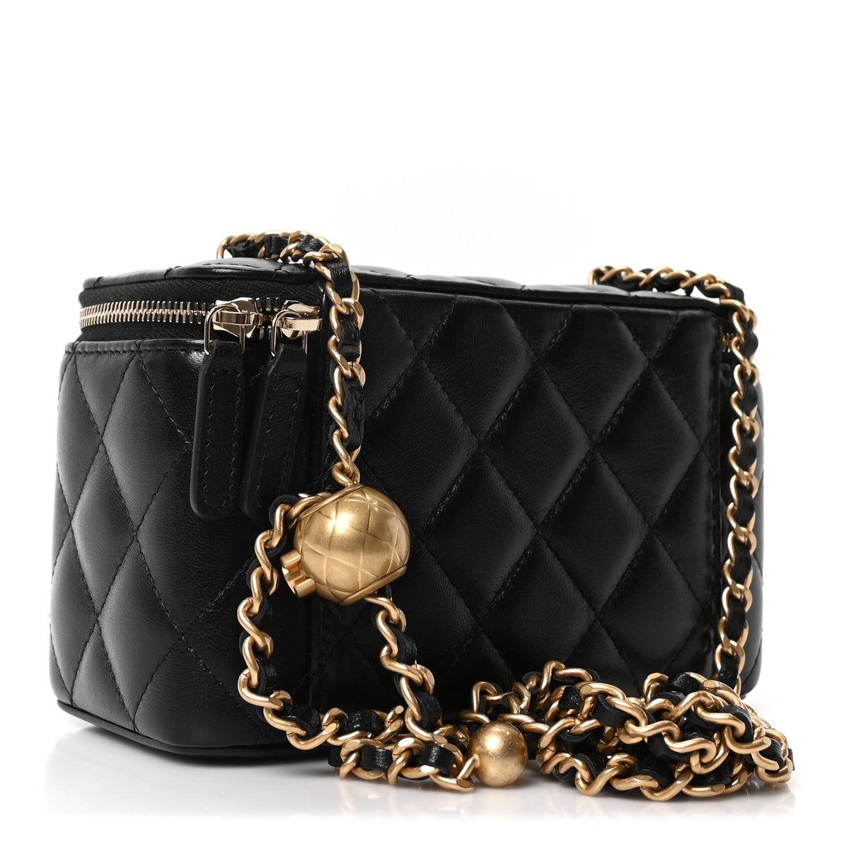 Lambskin Quilted Pearl Crush Small Vanity Case With Chain Black