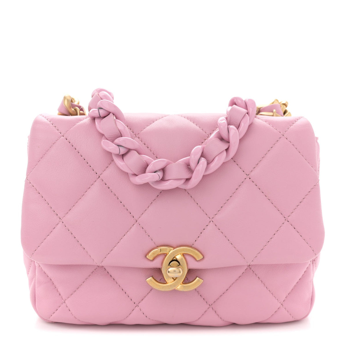 Lambskin Quilted Mini Lacquered Chain Flap Pink