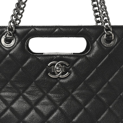 Goatskin Quilted Small Perfect Edge Shopping Tote Black