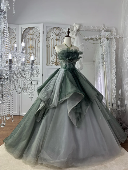 Vintage Grey-Green Ball Gown Strapless Sequin Tulle Prom Dress Sweet 16 Dress SH5787