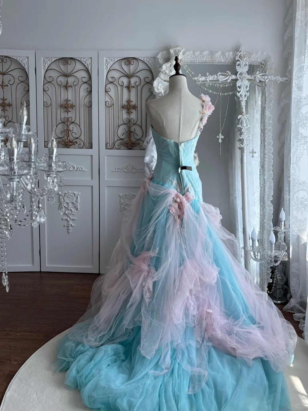 Vintage Blue-Pink Ball Gown One Shoulder 3D Floral Tulle Prom Dress Sweet 16 Dress SH5788