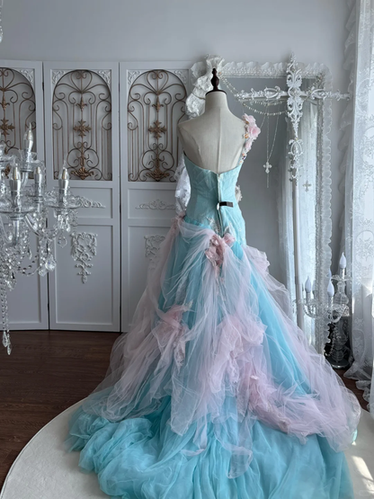 Vintage Blue-Pink Ball Gown One Shoulder 3D Floral Tulle Prom Dress Sweet 16 Dress SH5788