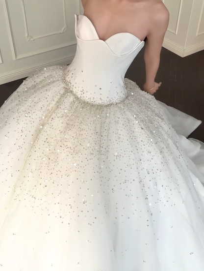 Stunning Ball Gown Strapless Exquisite Beaded White Satin Tulle Long Wedding Dress SH5094