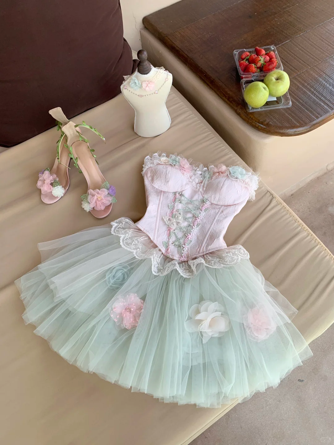 Sweety A Line Strapless Floral Tulle Short Prom Dress Homecoming Dress SH5838