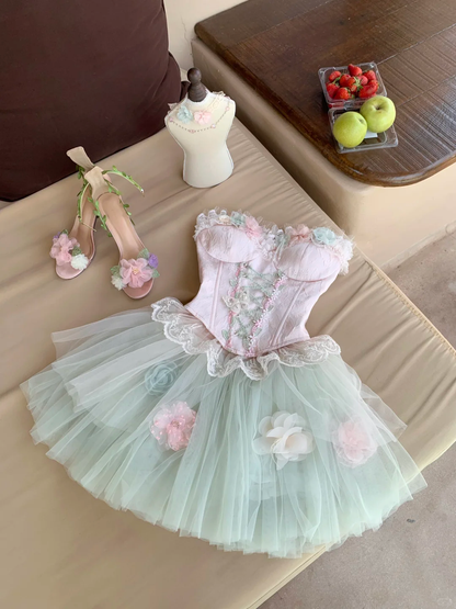 Sweety A Line Strapless Floral Tulle Short Prom Dress Homecoming Dress SH5838