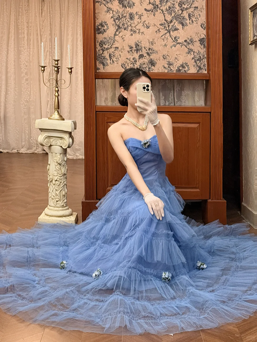 Vintage Blue A Line Strapless Layered Tulle Long Prom Dress Evening Dress SH5655