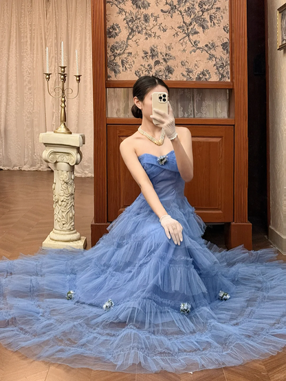 Vintage Blue A Line Strapless Layered Tulle Long Prom Dress Evening Dress SH5655