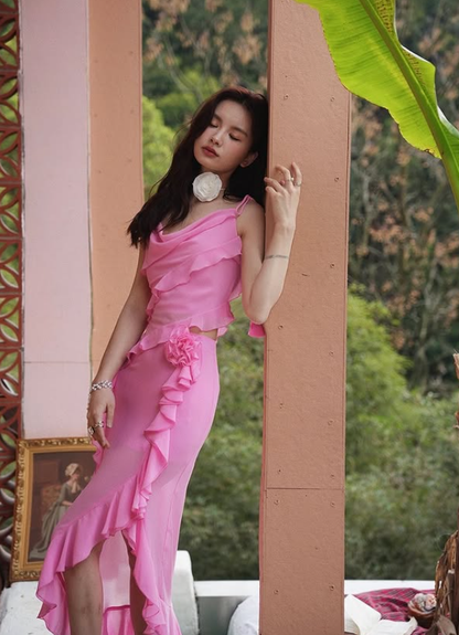 Sweety Pink Mermaid Spaghetti Straps Ruffle Chiffon Prom Dress Evening Dress Date Dress SH5644