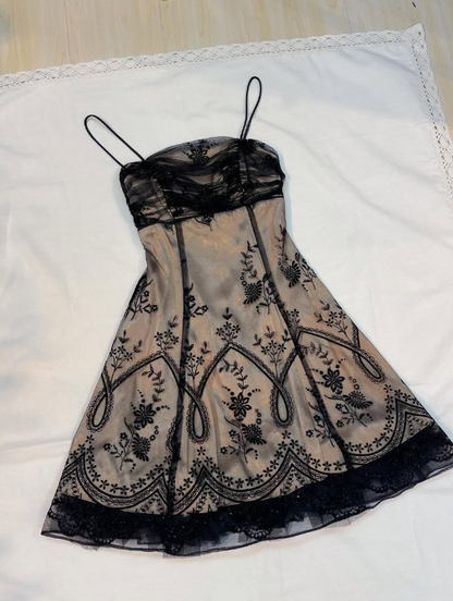Vintage A Line Spaghetti Strap Embroidery Chiffon Satin Short Homecoming Dress SH2053