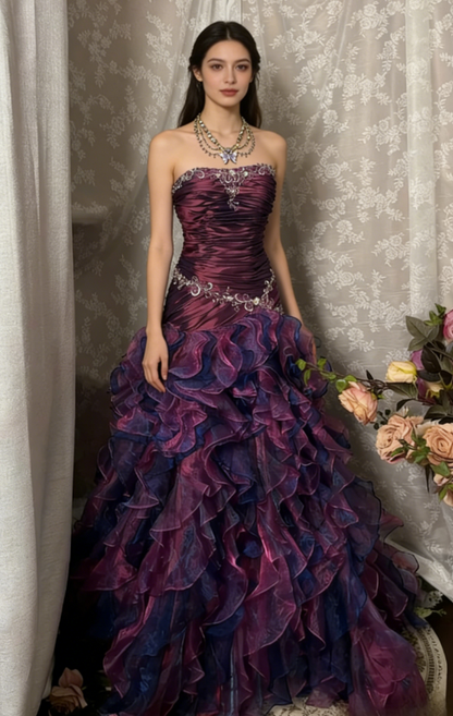 Vintage Grape A Line Strapless Appliques Ruffle Organza Long Prom Dress SH5425