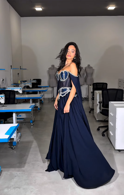 Stunning Navy Blue A Line Exquisite Pearl Beaded Chiffon Tulle Graduation Prom Dress SH5331