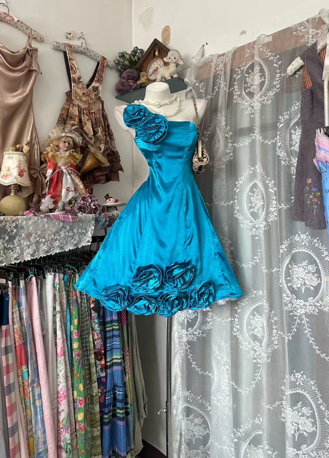 Vintage A Line One Shoulder Floral Blue Satin Short Homecoming Dress Outfits SH5819