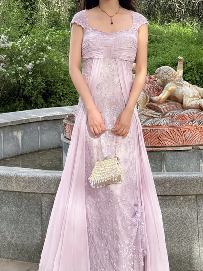 Vintage Gentle Light Lilac A Line Exquisite Beaded Chiffon Prom Dress Wedding Guest Dress SH5437
