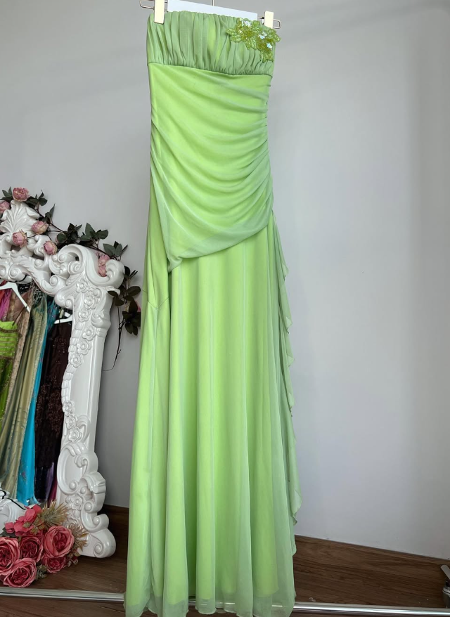 Vintage Green A Line Strapless Beaded Tulle Long Prom Dress Party Dress SH4941