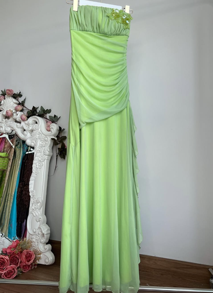 Vintage Green A Line Strapless Beaded Tulle Long Prom Dress Party Dress SH4941