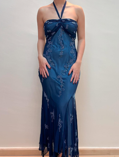 Vintage Mermaid Halter Beaded Navy Blue Chiffon Prom Dress Evening Dress SH2066