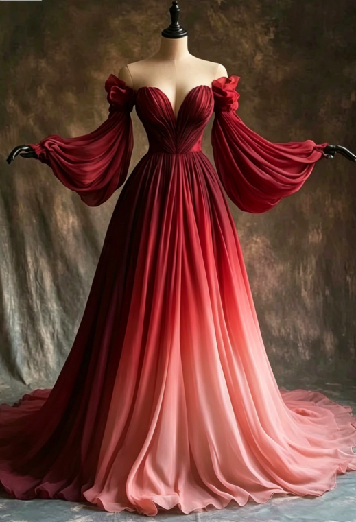 Unique A Line Long Sleeve Orange Ombre Chiffon Prom Dress Evening Dress SH2363
