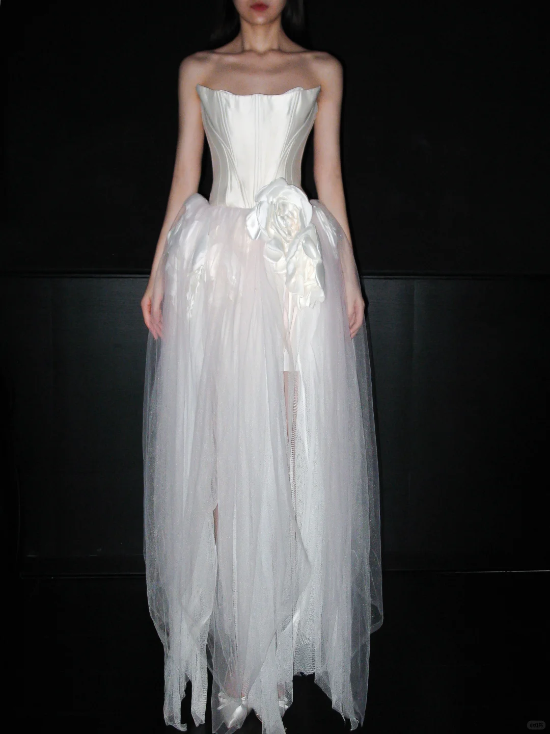 Unique A Line Strapless 3D Floral White Satin Tulle Long Wedding Dress SH5964