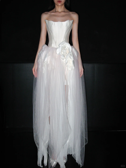 Unique A Line Strapless 3D Floral White Satin Tulle Long Wedding Dress SH5964