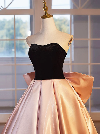 Black Velvet and Pink Satin Beautiful A-Line Strapless Party Dress Evening Gown MD7187
