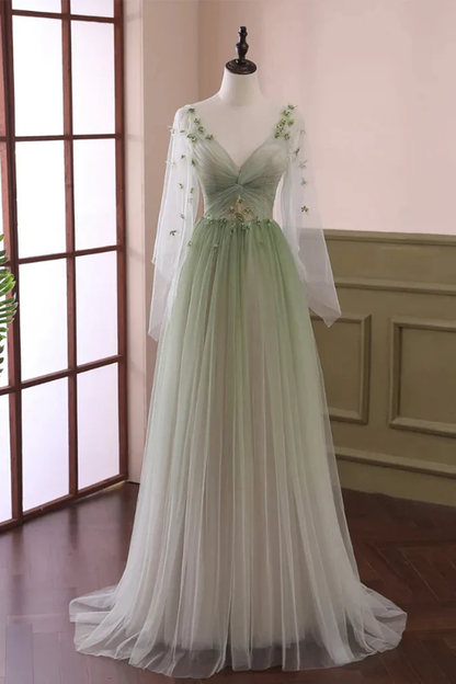 Light Green V Neck A-Line Tulle Formal Long Evening Dress MD7213