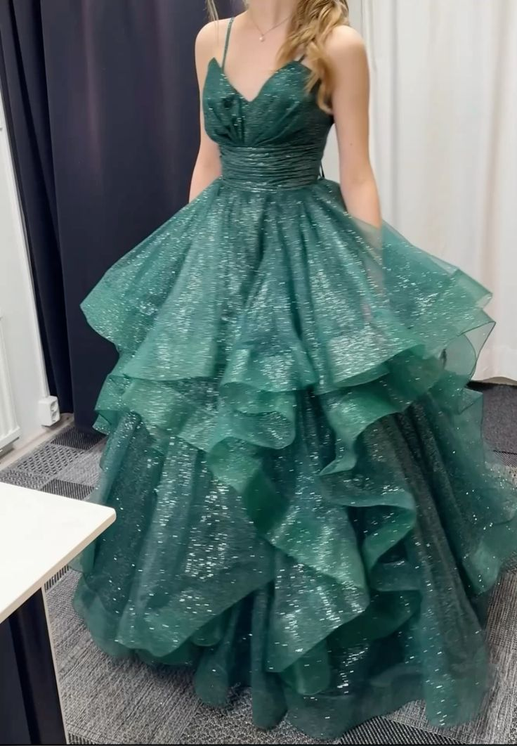 Green Spaghetti Straps A-Line Long Formal Prom Dress Evening Ball Gown, D932