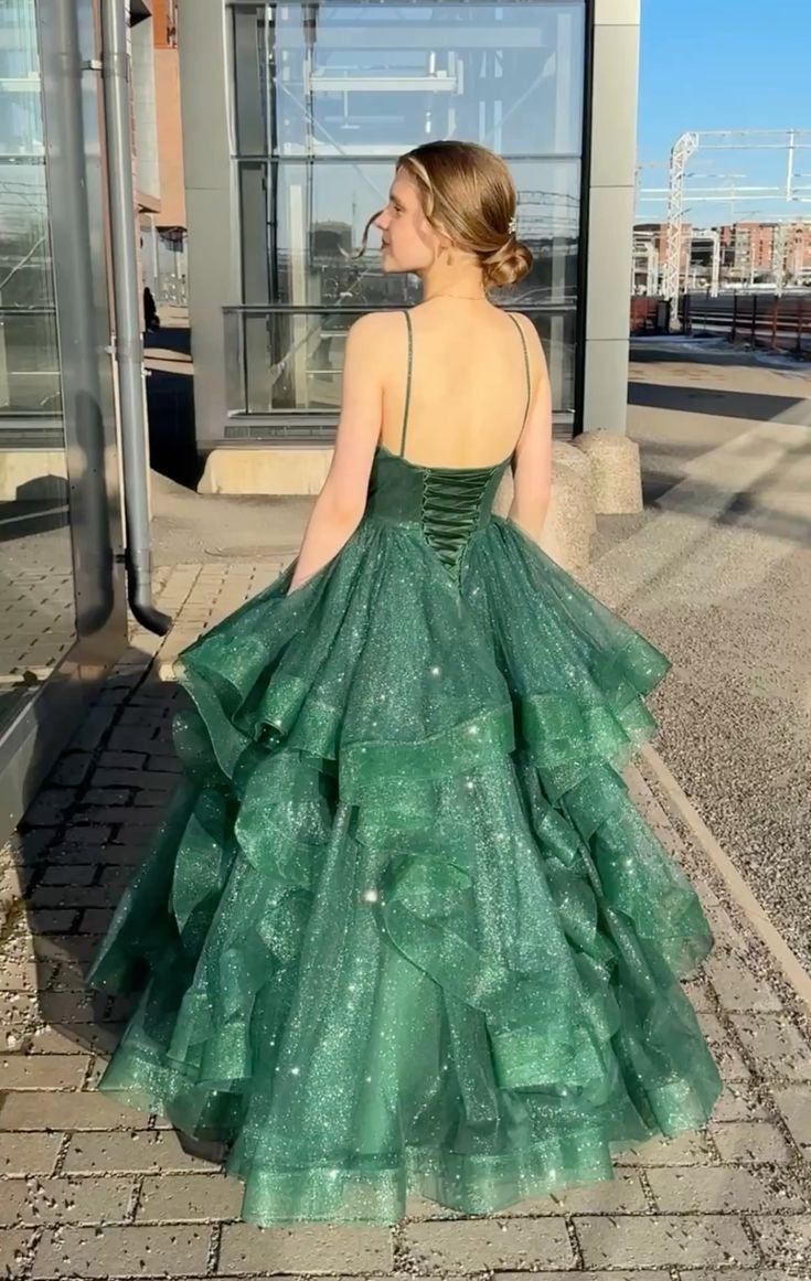 Green Spaghetti Straps A-Line Long Formal Prom Dress Evening Ball Gown, D932
