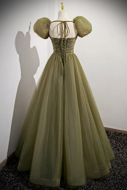 Green A-Line Tulle Long Modest Prom Dress with Removable Sleeves MD7306