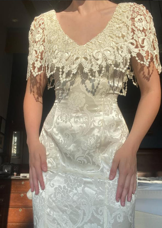 Vintage Elegant Mermaid V Neck Print Floral Satin Wedding Dress Prom Dress SH5939